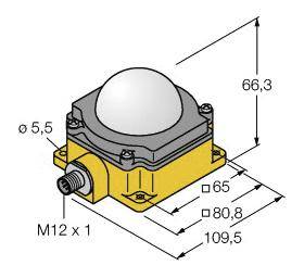 Gelbes Sensorgehäuse mit runder Kuppel, Maßangaben: Höhe 66,3 mm, Breite 80,8 mm, Tiefe 109,5 mm, Anschluss: M12 x 1.