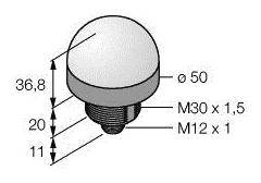 Technische Zeichnung eines zylinderförmigen Teils mit M30 x 1,5 und M12 x 1 Gewinde, Durchmesser 50 mm, Höhe 36,8 mm.