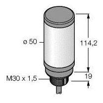 Technische Zeichnung eines zylinderförmigen Objekts mit den Maßen: Durchmesser 50 mm, Höhe 114,2 mm, Gewinde M30 x 1,5, Sockel 19 mm.