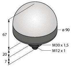 Abbildung einer Halbkugel, Durchmesser 90 mm, Höhe 67 mm. Unten zwei Gewinde: M30 x 1,5 (20 mm) und M12 x 1 (7 mm).