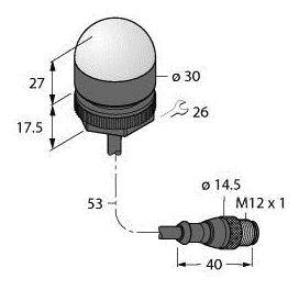 Technische Zeichnung eines zylindrischen Objekts mit Maßen: Ø30, Höhe 27 und 17,5, verbunden mit einem 40 mm langen Stift, Ø14,5, M12 x 1 Gewinde.