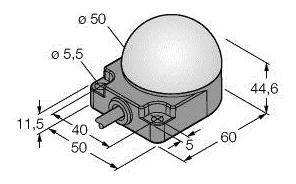 Technische Zeichnung eines runden Sensors mit Abmessungen: 50 mm Durchmesser, 60 mm Länge, 44,6 mm Höhe. Enthält maßliche Details.
