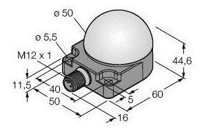 'Technische Zeichnung eines Sensors mit Kugel, Abmessungen: 50 mm Länge, 60 mm Breite, 44,6 mm Höhe, M12 Anschluss.'