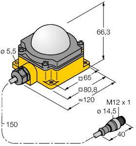Technische Zeichnung eines gelben Sensors mit Kugeloberteil. Maße sind 66,3 mm, 80,8 mm, 120 mm. Verbindung M12 x 1, Kabel 150 mm.
