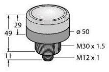 Technische Zeichnung eines zylindrischen Drucktastenschalters mit Maßen: Durchmesser 50 mm, Höhe 49 mm, Gewinde M30 x 1,5, M12 x 1.