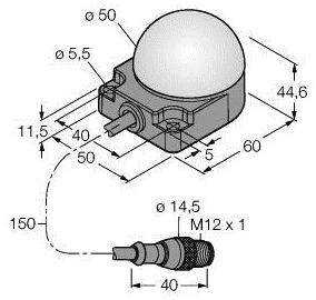 Diagramm eines kugelförmigen Sensors mit Maßen, Anschluss und Gewindespezifikation 'M12 x 1'. Detaillierte technische Zeichnung.