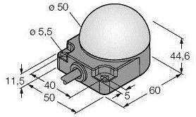 Abbildung zeigt technische Zeichnung eines Sensors mit Maßen: Breite 50 mm, Länge 60 mm, Höhe 44,6 mm, Kugeldurchmesser 50 mm.
