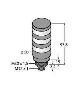 Zylindrisches Bauteil mit Maßen: Durchmesser 50 mm, Höhe 97,8 mm. Gewinde M30 x 1,5 und M12 x 1. Markierungen auf Oberfläche.