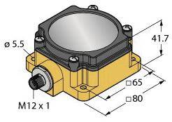 Kompakte Sensorbox mit rundem Gehäuse, gemessen in Millimetern. Verfügt über einen M12-Anschluss, Maße: 80x65x41,7 mm.