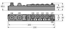 Technische Zeichnung eines Geräts mit Abmessungen: Breite 210 mm, Tiefe 36,5 mm, Höhe 33 mm. Zeigt Anschlüsse C1-C7 auf einer Seite.