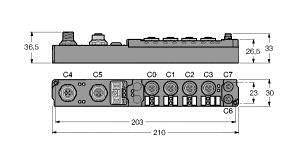 Abmessungsdiagramm eines elektronischen Geräts mit Längenangaben in Millimetern. Ober- und Seitenansicht mit Anschlüssen markiert.