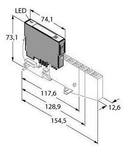 Diagramm zeigt Abmessungen eines elektronischen Bauteils mit LED-Anzeige. Wichtige Maße: 74,1 mm Höhe, 154,5 mm Breite.