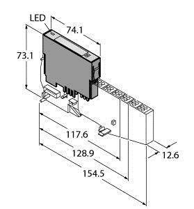 Technische Zeichnung eines elektronischen Moduls mit Abmessungen: 74.1, 73.1, 117.6, 128.9, 154.5 und 12.6 mm. LED-Hinweis.