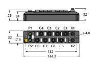 'Diagramm einer elektrischen Anschlussbox mit Maßen: Breite 144,3 mm, Höhe 32 mm, Tiefe 28 mm. Anschlüsse P1 bis X2 und Schraubabstände sind angegeben.'