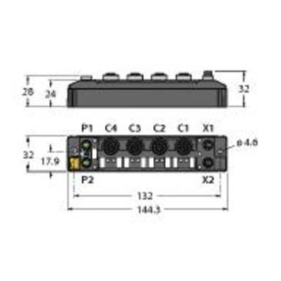 'Technische Zeichnung eines elektrischen Anschlussmoduls, mit Maßen und Anschlüssen beschriftet: P1, C4, C3, C2, C1, X1, P2, X2.'
