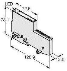 Technische Zeichnung eines rechteckigen Bauteils mit LED-Anzeige. Maße sind 72,6 mm Breite, 73,1 mm Höhe, 128,9 mm Länge, 12,6 mm Tiefe.