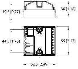 Technische Zeichnung eines elektrischen Bauteils mit Details zu Abmessungen: Breite 62,5 mm, Höhe 55 mm, Tiefe 30 mm, Frontansicht 44,5 mm.