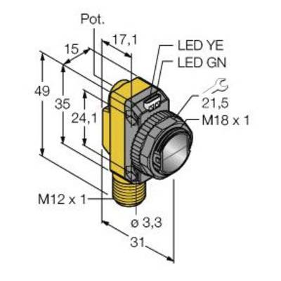 Technische Zeichnung eines Sensors mit einer gelben Hülle und einer Schraubverbindung. Beschriftungen weisen auf LEDs und Maße hin.