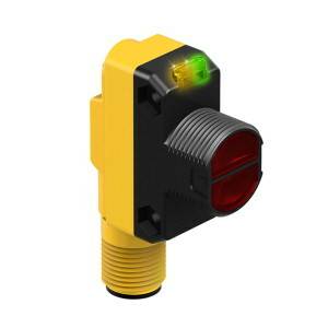 Gelber und schwarzer elektronischer Sensor mit zwei LEDs oben, einer grünen und einer orangefarbenen.