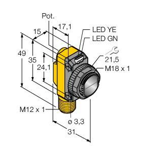 Sensor mit Schraubanschluss und Rosette, technische Zeichnung mit Beschriftungen: 'Pot.', 'LED YE', 'LED GN'. Maße in mm, zeigt Vorder- und Seitenansicht.