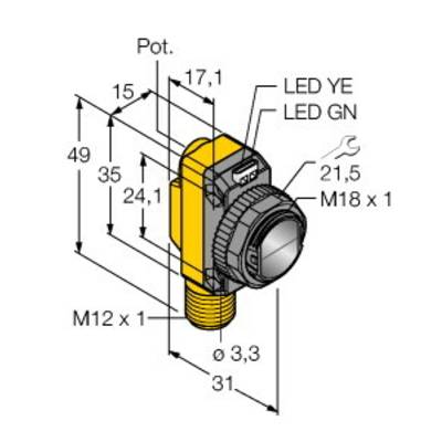 Sensor mit Schraubanschluss und Rosette, technische Zeichnung mit Beschriftungen: 'Pot.', 'LED YE', 'LED GN'. Maße in mm, zeigt Vorder- und Seitenansicht.
