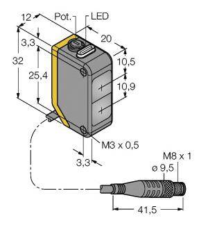 'Abbildung eines rechteckigen Sensors mit LED-Anzeige und Potentiometer, verbunden durch M8-Stecker. Technische Maße angegeben.'