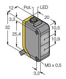 Sensor mit Abmessungen: 32mm Höhe, 25,4mm Tiefe, 12mm Breite. Markierte Details: Potentiometer, LED, M3 x 0,5 Schraubsockel.