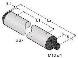 Technische Zeichnung eines zylindrischen Bauteils mit Maßen: Gesamt 3,5 cm, Ø 27 mm, M12 x 1, Länge L1 und L2 angegeben.