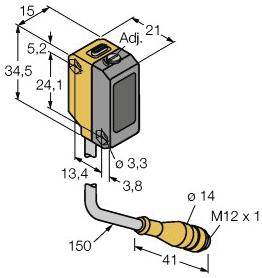 Technische Zeichnung eines rechteckigen Sensors mit Maßangaben in Millimetern. Der Sensor hat eine Hauptlänge von 34,5 mm und eine Breite von 15 mm.