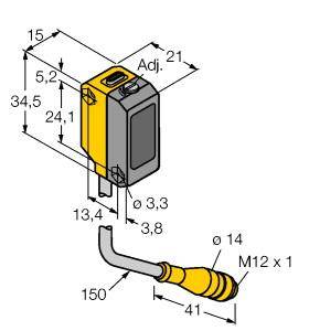 Abbildung eines rechteckigen Sensors mit Maßen in Millimetern: 34,5x24,1x15. Gelbes Kabel (Ø14, Länge 150) mit M12x1-Stecker.