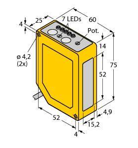 Gelbes technisches Gerät mit den Maßen 60x75x15,2 mm, zeigt Position von 7 LEDs und Potentiometer.