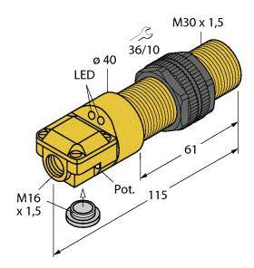 Technische Zeichnung eines zylindrischen Sensors M30 x 1,5, mit Maßangaben 115 mm Länge, 40 mm Durchmesser. Zeigt LED-Position und Befestigungsteile.