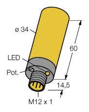 Zeichnung eines zylindrischen Sensors mit LED-Anzeige und Potentiometer. Maße: Durchmesser 34 mm, Länge 60 mm. Anschluss: M12 x 1.