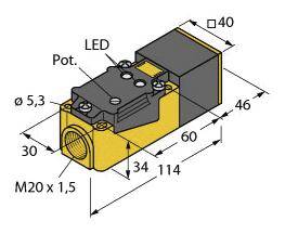 Technische Zeichnung eines Hydraulikventils mit Abmessungen: 114 mm Länge, 60 mm Breite, 46 mm Höhe; Gewinde M20 x 1,5.