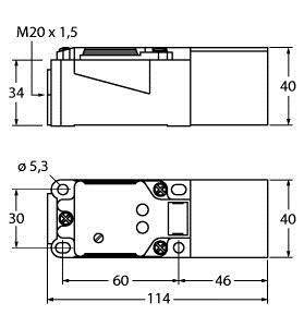 Technische Zeichnung eines rechteckigen Bauteils mit Maßen: Länge 114 mm, Breite 40 mm, Höhe 34 mm, Gewinde M20 x 1,5.
