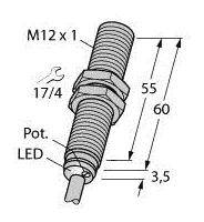 'Schraube M12 x 1', mit Maßen 55 mm und 60 mm, Gewinde 3,5 mm. Markiert 'Pot.' und 'LED', sowie '17/4' mit Werkzeugsymbol.