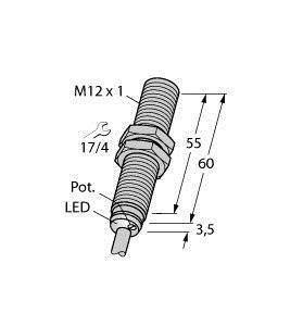 Technische Zeichnung eines Gewindesensors mit M12 x 1, Längenangaben 55 und 60 mm, Abstand 3,5 mm, und Bezeichnungen für Pot., LED.