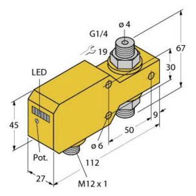 Abbildung eines gelben hydraulischen Ventils mit Abmessungen und Beschriftungen 'G1/4', 'Pot.', 'M12 x 1'. Maße sind in Millimetern angegeben.