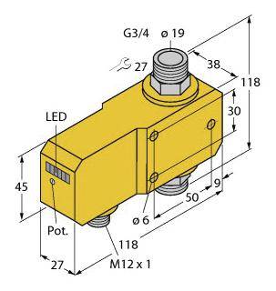 Technische Zeichnung eines gelben Geräts mit Abmessungen. Zeigt die Position von LED, Potentiometer und Anschlüssen.