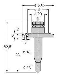 Technische Zeichnung eines Bolzens mit Maßen: Gesamtlänge 82,5 mm, oben Ø 50,5 mm, mittlerer Teil Ø 20 mm, unterer Teil Ø 13 mm und 7,3 mm.