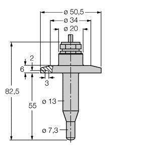 Technische Zeichnung eines Bolzens mit genauen Maßangaben: Länge 82,5 mm, verschiedene Durchmesser, detaillierte Ansichtsabschnitte.