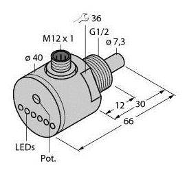 Technische Zeichnung eines zylindrischen Sensors mit Maßen: Gesamtlänge 66 mm, Durchmesser 40 mm. Anschlüsse: M12 x 1, G1/2.