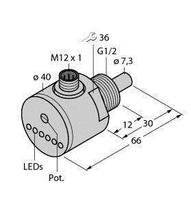 Technische Zeichnung eines zylindrischen Sensors mit M12 x 1 Gewinde, G1/2 Anschluss und LED-Anzeigen. Maße: 66 mm lang, Ø 40 mm.