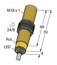 Industriesensor-Skizze mit Gewinde 'M18 x 1', Abmessungen: 60 mm, 70 mm, 4 mm. Beinhaltet Beschriftungen für 'LED' und 'Pot.'.