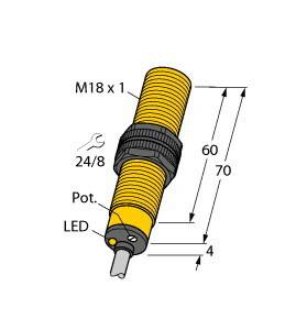 Gelbes Zylindersensorgehäuse mit M18 x 1 Gewinde, Potentiometer und LED-Anzeige. Diagramm zeigt Maße: 60 mm und 70 mm Länge.