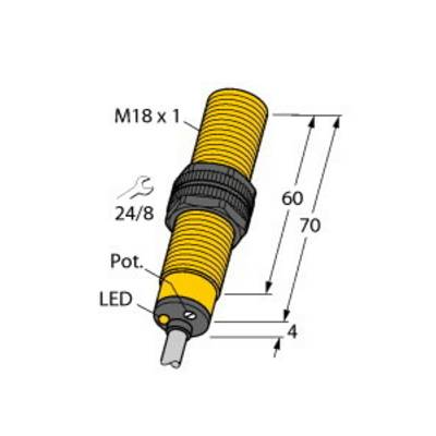 Gelbes Zylindersensorgehäuse mit M18 x 1 Gewinde, Potentiometer und LED-Anzeige. Diagramm zeigt Maße: 60 mm und 70 mm Länge.