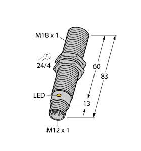 Technische Zeichnung eines zylindrischen Sensors mit LED. Maße: Länge 83 mm, Durchmesser M18 x 1 und M12 x 1. Schraubenschlüssel 24/4.