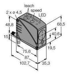 Technische Zeichnung eines elektronischen Geräts mit Maßen in Millimetern: Breite 48,8, Höhe 68,5, Tiefe 102,7. Funktionen: 'teach', 'speed', 'LED'.