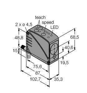 'Technische Zeichnung eines rechteckigen Sensors mit Abmessungen in Millimetern. Beschriftet mit "teach", "speed" und "LED".'