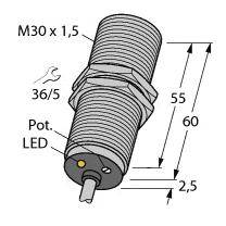 'Diagramm eines zylindrischen Bauteils mit der Aufschrift M30 x 1,5. Maße: 60 mm lang, 55 mm ohne Anschluss. Enthält LED und Potentiometer.'